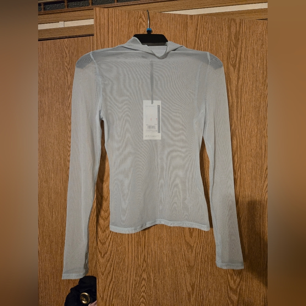 Women's Light Blue Long Sleeve Mesh Mock Neck Top